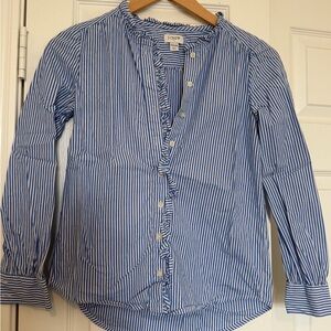 J. Crew Blue & White Striped Ruffle Front Button Shirt